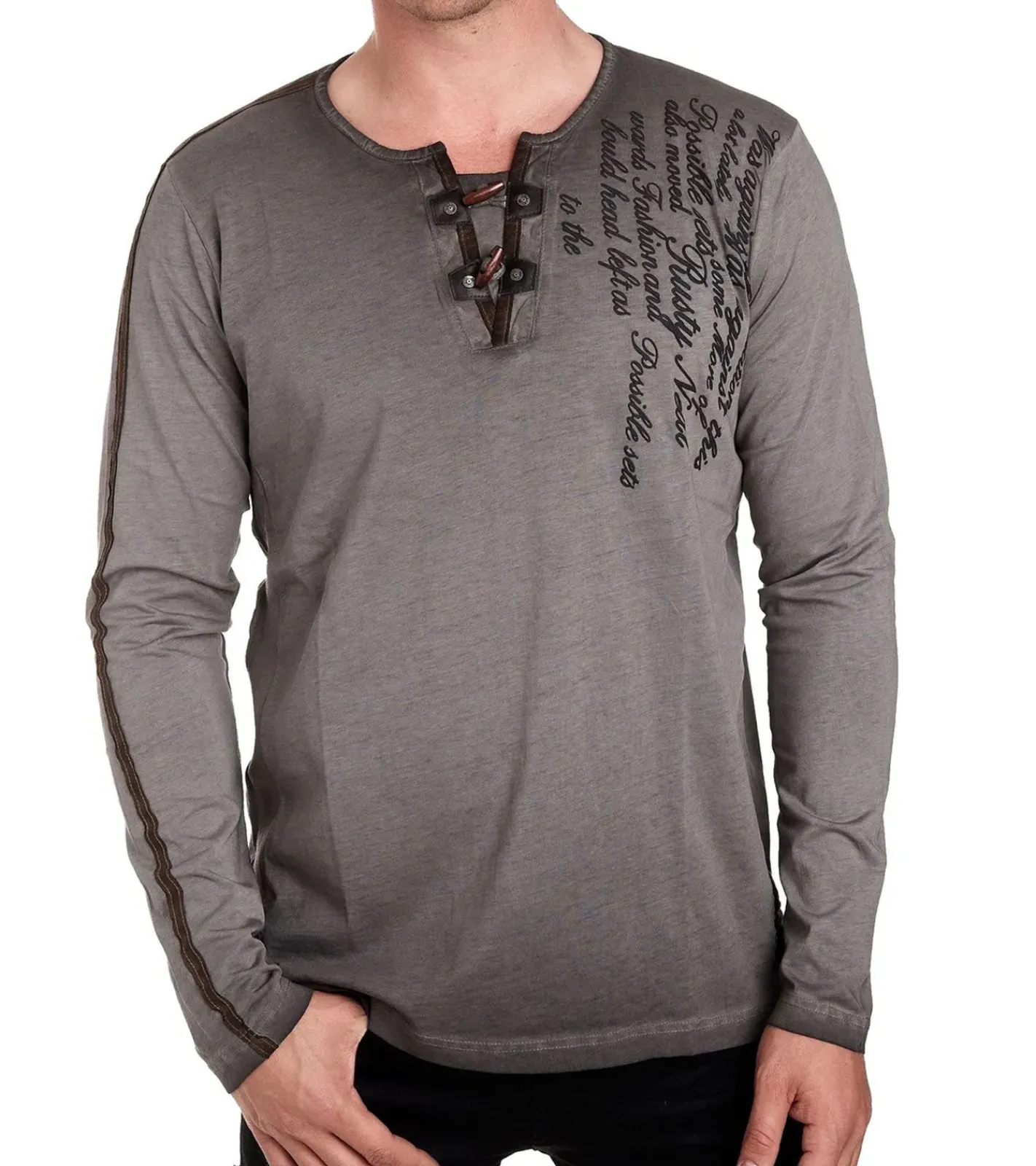 Pullover & Sweater*O46rn Herren Langarm-Shirt mit Schriftzug Sommer-Baumwoll-Longsleeve mit V-Ausschnitt Freizeit-Pullover R-10115 Dunkelgrau