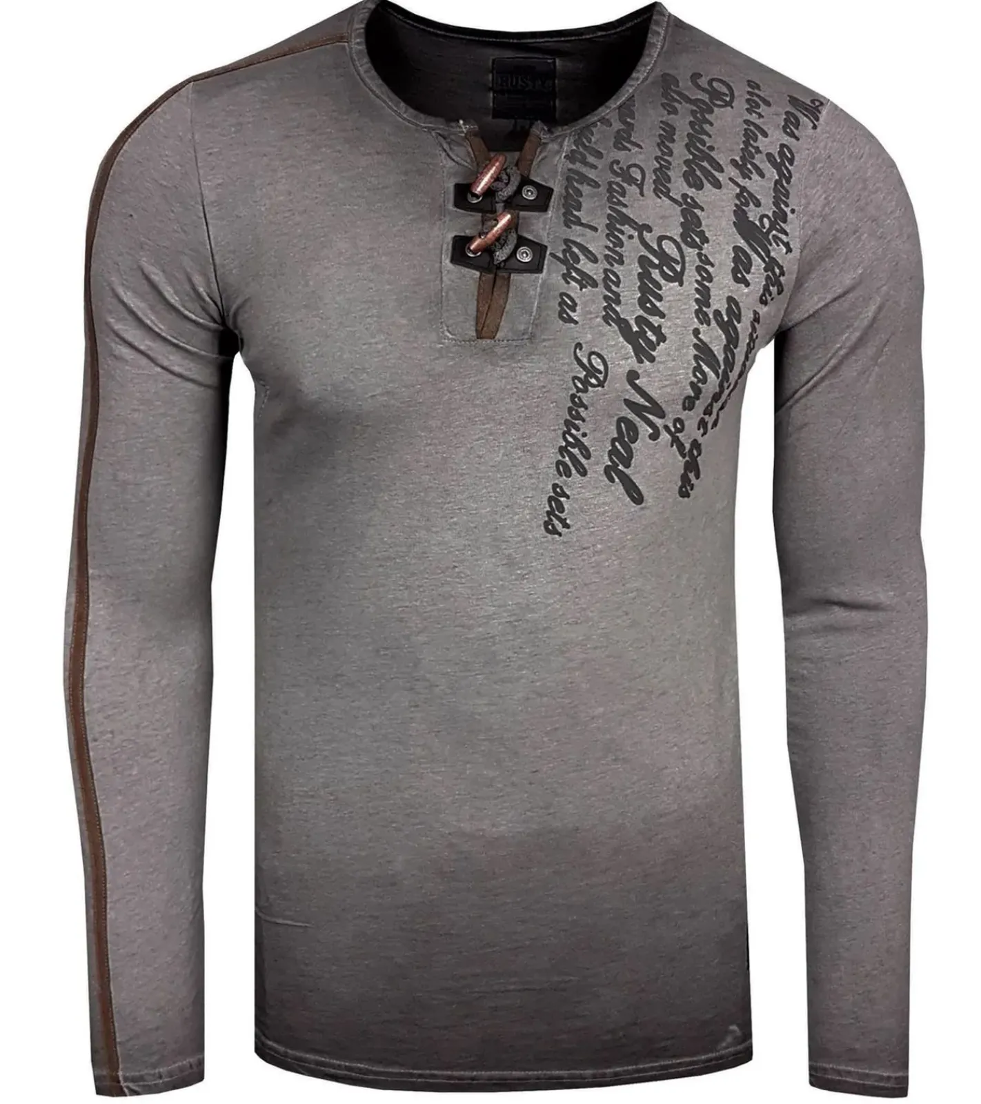 Pullover & Sweater*O46rn Herren Langarm-Shirt mit Schriftzug Sommer-Baumwoll-Longsleeve mit V-Ausschnitt Freizeit-Pullover R-10115 Dunkelgrau