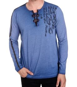 Pullover & Sweater*O46rn Herren Langarm-Shirt mit Schriftzug Sommer-Baumwoll-Longsleeve mit V-Ausschnitt Freizeit-Pullover R-10115 Dunkel-Blau
