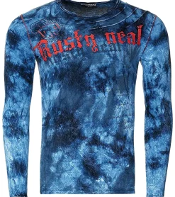 Pullover & Sweater*O46rn Herren Longsleeve im Batik-Stil mit Schriftzug Langarm-Shirt Sommer-Pullover Freizeit-Shirt R-10155 Indigo-Blau