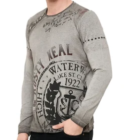 Pullover & Sweater*O46rn Herren Longsleeve im Vintage-Stil Langarm-Shirt Rundhals Baumwoll-Shirt R-10145 Grau