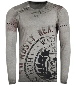 Pullover & Sweater*O46rn Herren Longsleeve im Vintage-Stil Langarm-Shirt Rundhals Baumwoll-Shirt R-10145 Grau