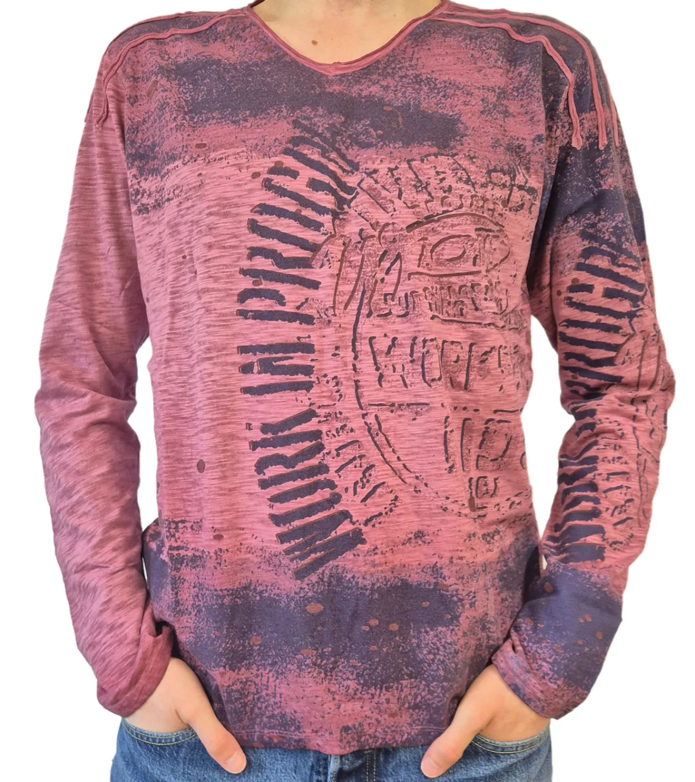 Pullover & Sweater*O46rn Herren Longsleeve im Vintage-Stil Work in Progress Langarm-Shirt Rundhals Baumwoll-Shirt R-10109 Hell-Bordeaux