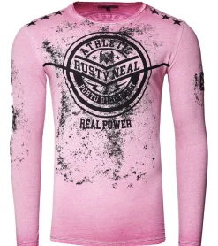 Pullover & Sweater*O46rn Herren Longsleeve im Vintage-Stil Langarm-Shirt Rundhals Baumwoll-Shirt R-10151 Rosa