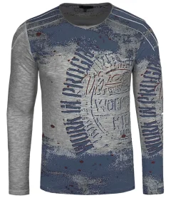 Pullover & Sweater*O46rn Herren Longsleeve im Vintage-Stil Work in Progress Langarm-Shirt Rundhals Baumwoll-Shirt R-10109 Dunkelgrau