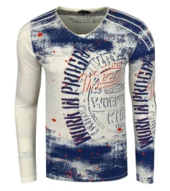 Pullover & Sweater*O46rn Herren Longsleeve im Vintage-Stil Work in Progress Langarm-Shirt Rundhals Baumwoll-Shirt R-10109 Ecru-Weiß