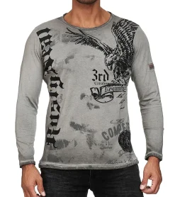 Pullover & Sweater*O46rn Herren Longsleeve Langarm-Shirt mit Adler-Druck Rundhals Baumwoll-Shirt R-10147 Grau