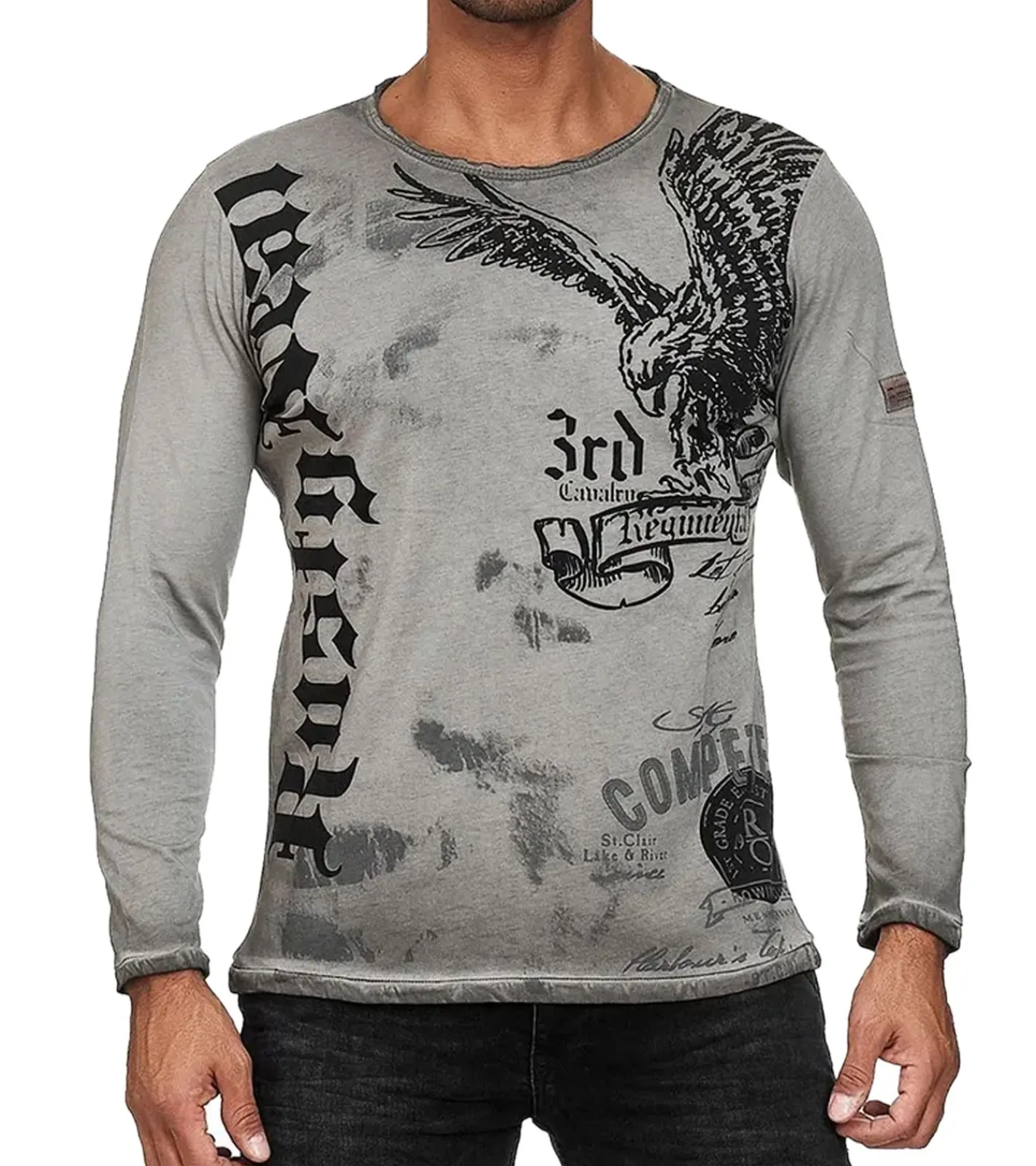 Pullover & Sweater*O46rn Herren Longsleeve Langarm-Shirt mit Adler-Druck Rundhals Baumwoll-Shirt R-10147 Grau