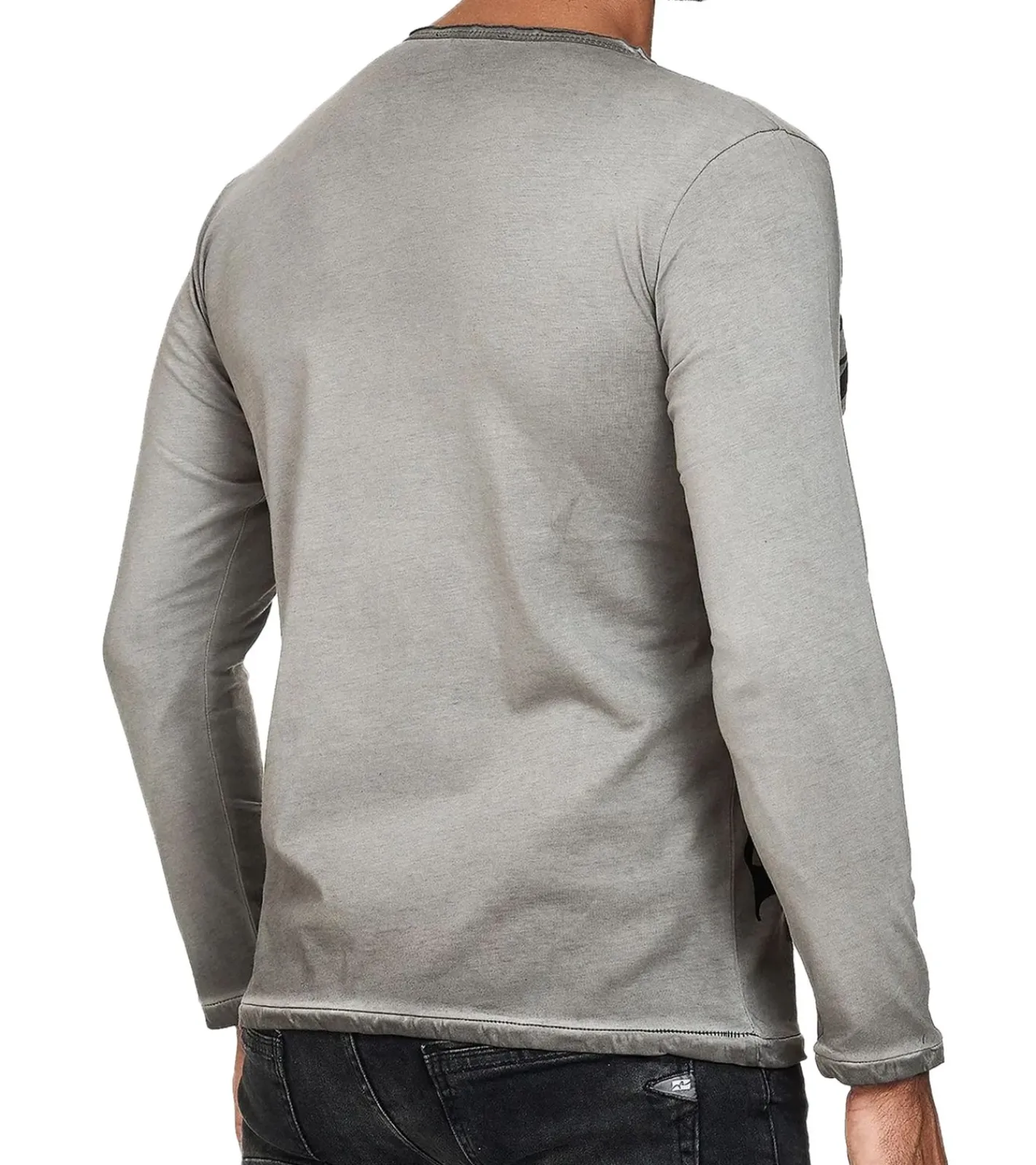 Pullover & Sweater*O46rn Herren Longsleeve Langarm-Shirt mit Adler-Druck Rundhals Baumwoll-Shirt R-10147 Grau