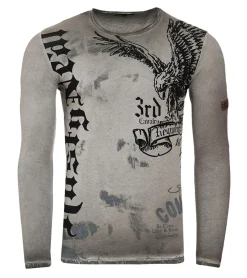 Pullover & Sweater*O46rn Herren Longsleeve Langarm-Shirt mit Adler-Druck Rundhals Baumwoll-Shirt R-10147 Grau