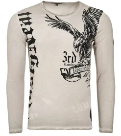 Pullover & Sweater*O46rn Herren Longsleeve Langarm-Shirt mit Adler-Druck Rundhals Baumwoll-Shirt R-10147 Beige