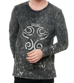 Pullover & Sweater*O46rn Herren Longsleeve mit Allover-Tribal-Print Baumwoll-Langarm-Shirt Sommer-Pullover Freizeit-Shirt R-10152 Dunkelgrau