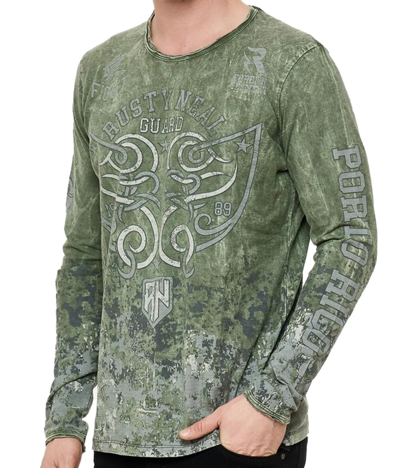 Pullover & Sweater*O46rn Herren Longsleeve mit Allover-Tribal-Print Baumwoll-Langarm-Shirt Sommer-Pullover Freizeit-Shirt R-10152 Khaki