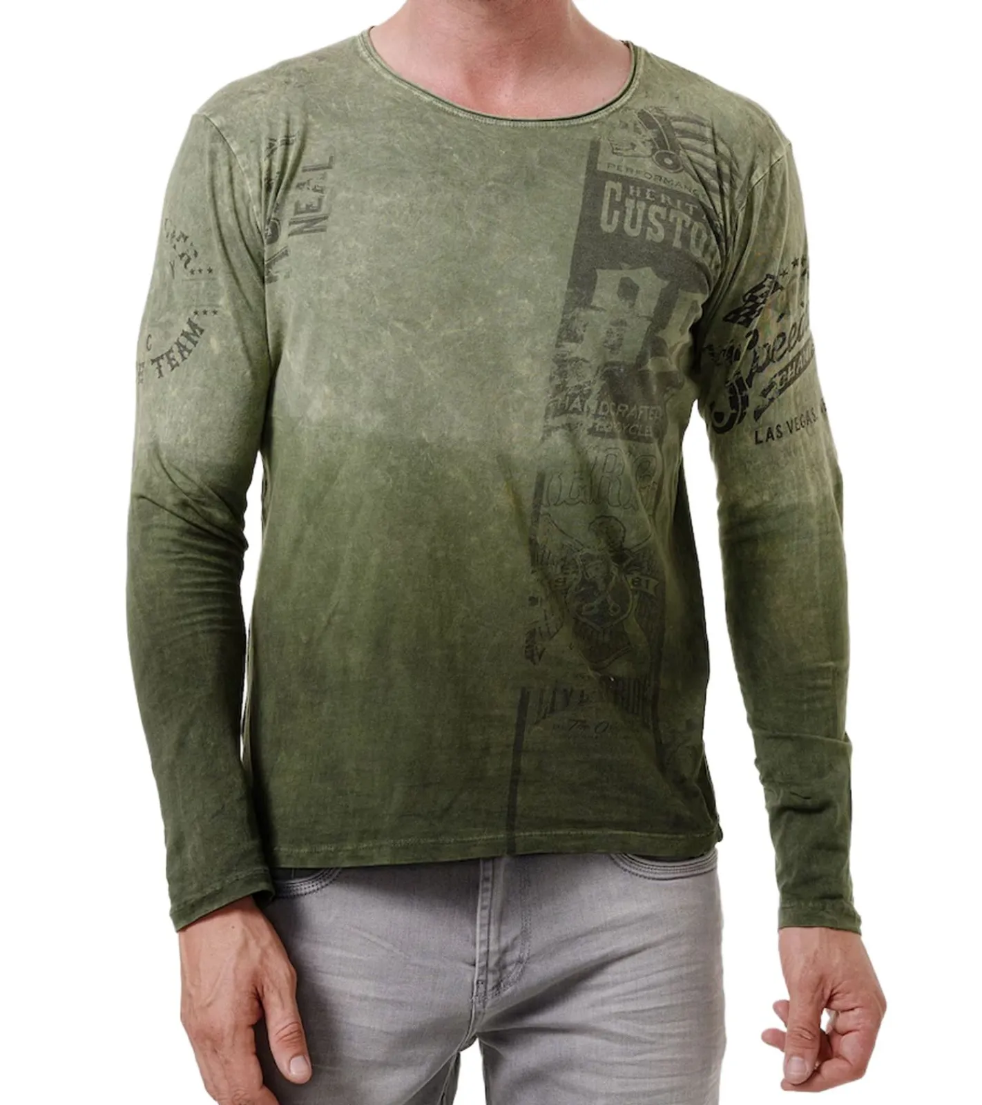Pullover & Sweater*O46rn Herren Longsleeve mit Farbverlauf Baumwoll-Langarm-Shirt Sommer-Pullover Freizeit-Shirt R-10146 Khaki