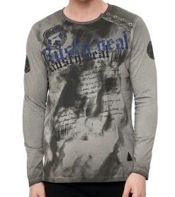 Pullover & Sweater*O46rn Herren Longsleeve mit großem Schriftzug Baumwoll-Langarm-Shirt Sommer-Pullover Freizeit-Shirt R-10155 Dunkelgrau