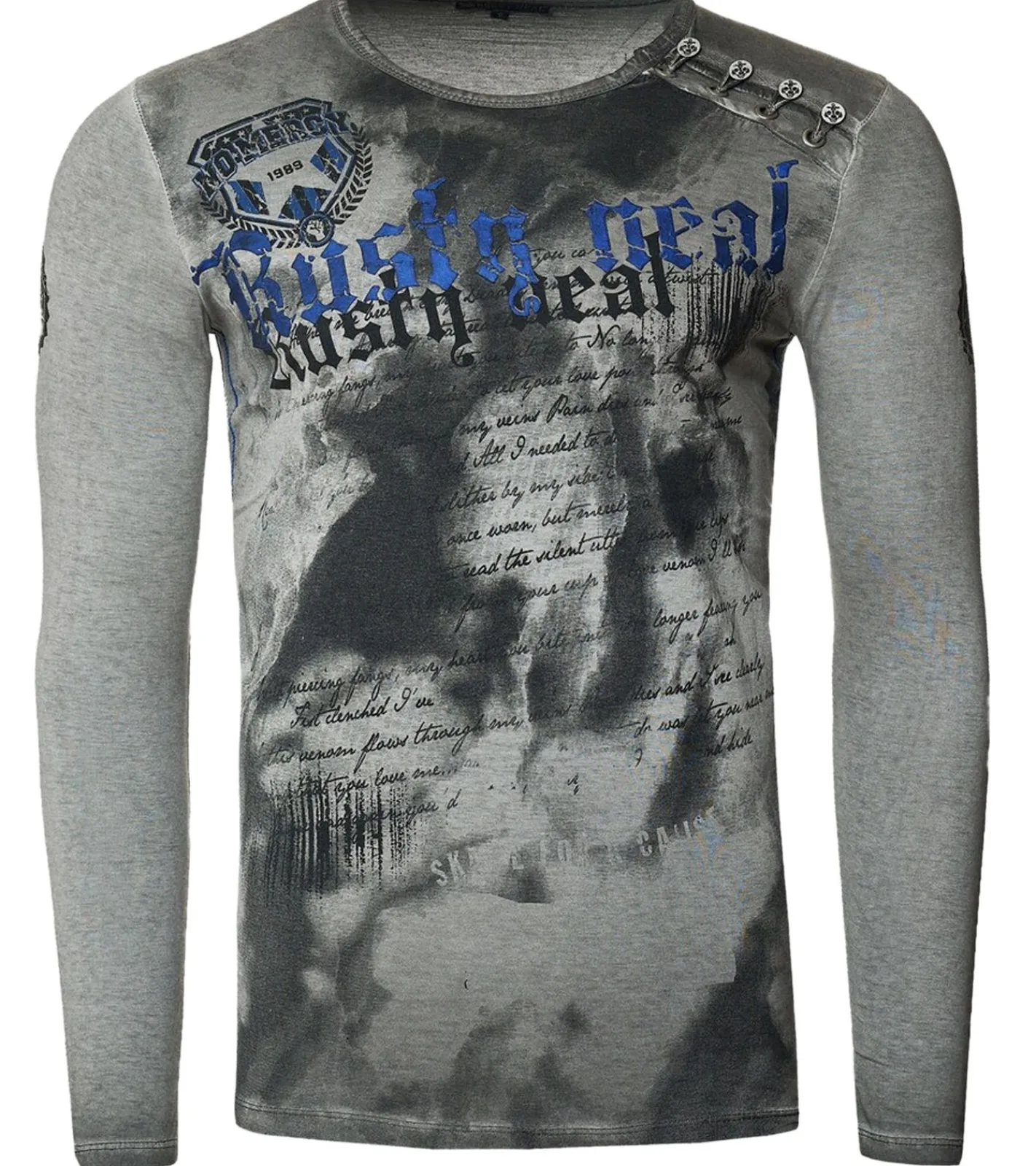 Pullover & Sweater*O46rn Herren Longsleeve mit großem Schriftzug Baumwoll-Langarm-Shirt Sommer-Pullover Freizeit-Shirt R-10155 Dunkelgrau