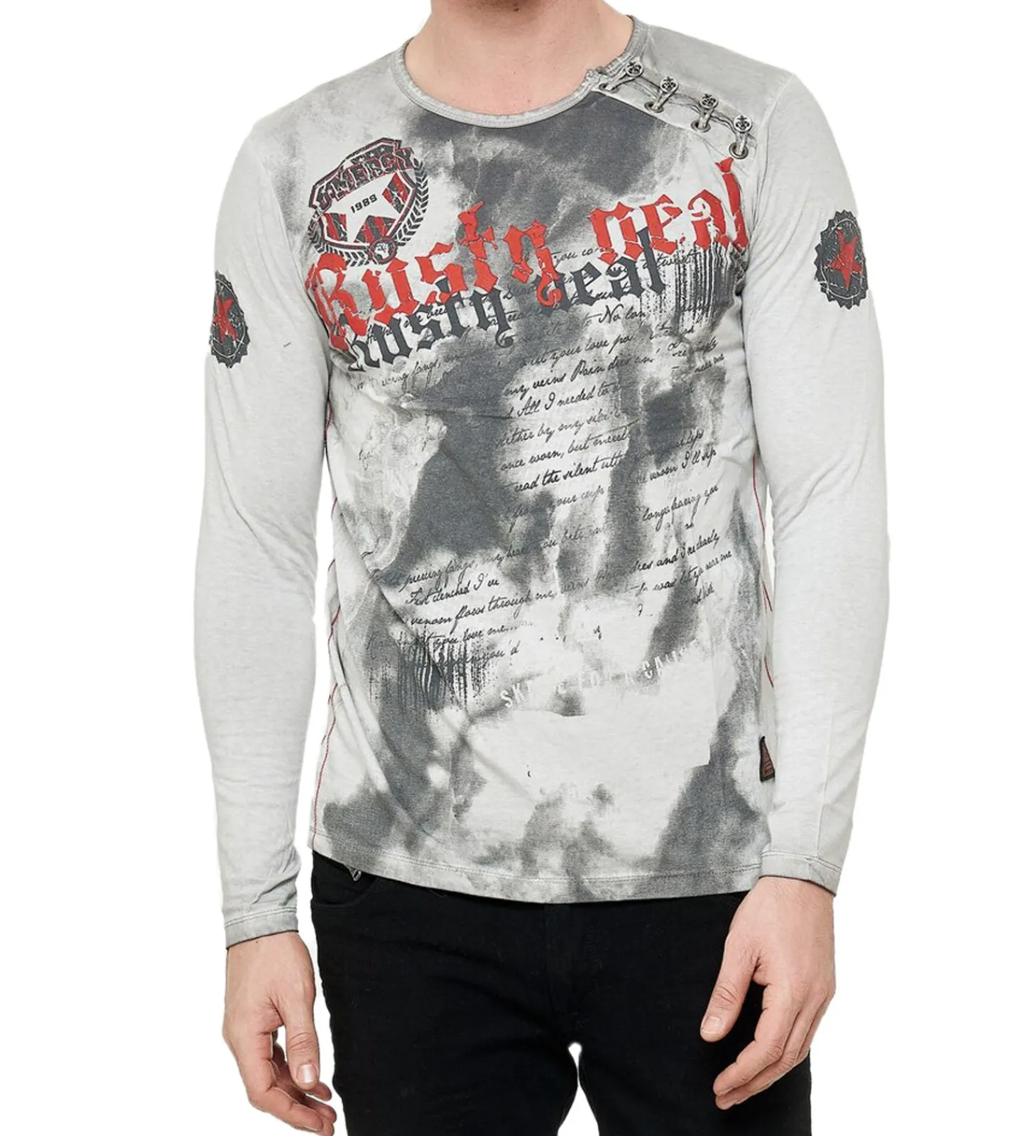 Pullover & Sweater*O46rn Herren Longsleeve mit großem Schriftzug Baumwoll-Langarm-Shirt Sommer-Pullover Freizeit-Shirt R-10155 Grau