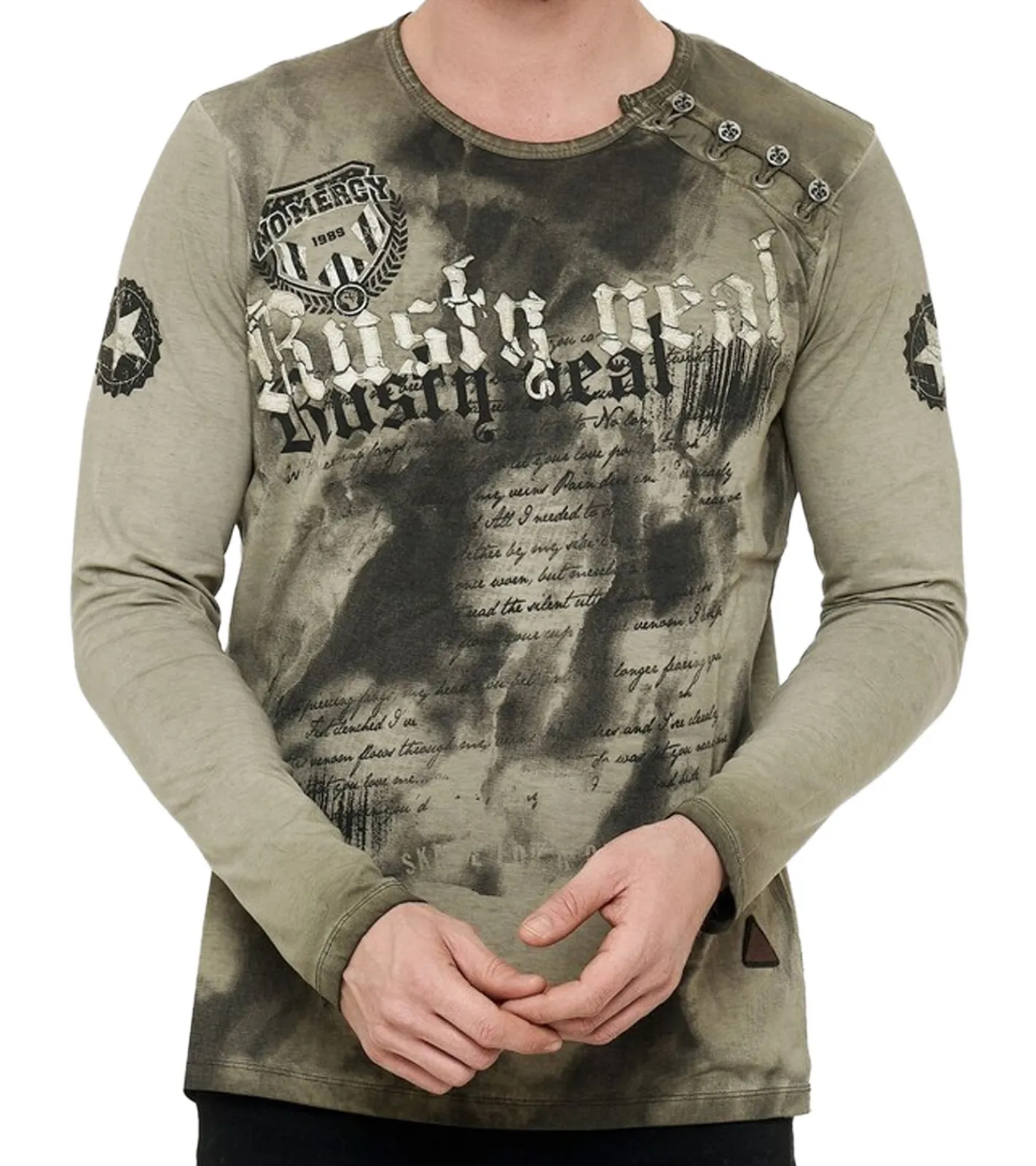 Pullover & Sweater*O46rn Herren Longsleeve mit großem Schriftzug Baumwoll-Langarm-Shirt Sommer-Pullover Freizeit-Shirt R-10155 Khaki