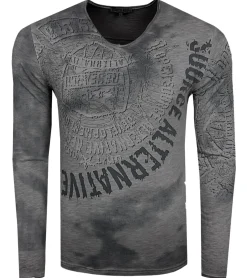 Pullover & Sweater*O46rn Herren Longsleeve mit großem Schriftzug und Print Baumwoll-Langarm-Shirt Sommer-Pullover Freizeit-Shirt R-10135 Grau