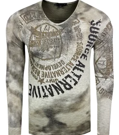 Pullover & Sweater*O46rn Herren Longsleeve mit großem Schriftzug und Print Baumwoll-Langarm-Shirt Sommer-Pullover Freizeit-Shirt R-10135 Khaki