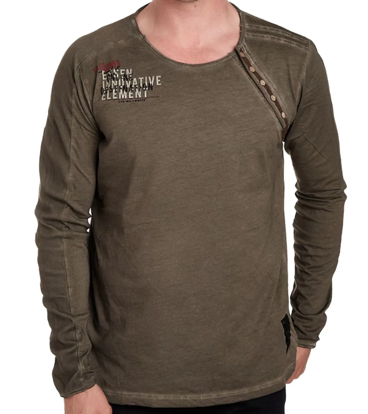Pullover & Sweater*O46rn Herren Longsleeve mit kleinem Schriftzug-Print Baumwoll-Langarm-Shirt Sommer-Pullover Freizeit-Shirt R-10120 Khaki