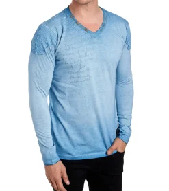 Pullover & Sweater*O46rn Herren Longsleeve mit Schriftzug Baumwoll-Langarm-Shirt Sommer-Pullover mit V-Ausschnitt Freizeit-Shirt R-10117 Hell-Blau