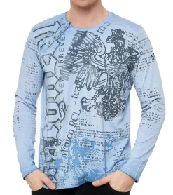 Pullover & Sweater*O46rn Herren Longsleeve mit urbanen Motiv-Print Langarm-Shirt mit Knopfleiste an Ausschnitt R-10141 Blau