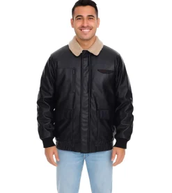 Jacken & Mäntel*O46bpx Herren Piloten-Jacke aus Lederimitat stylische Outdoor-Jacke mit Teddykragen Olivgrün oder Schwarz
