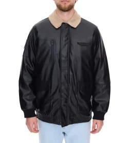 Jacken & Mäntel*O46bpx Herren Piloten-Jacke aus Lederimitat stylische Outdoor-Jacke mit Teddykragen Olivgrün oder Schwarz