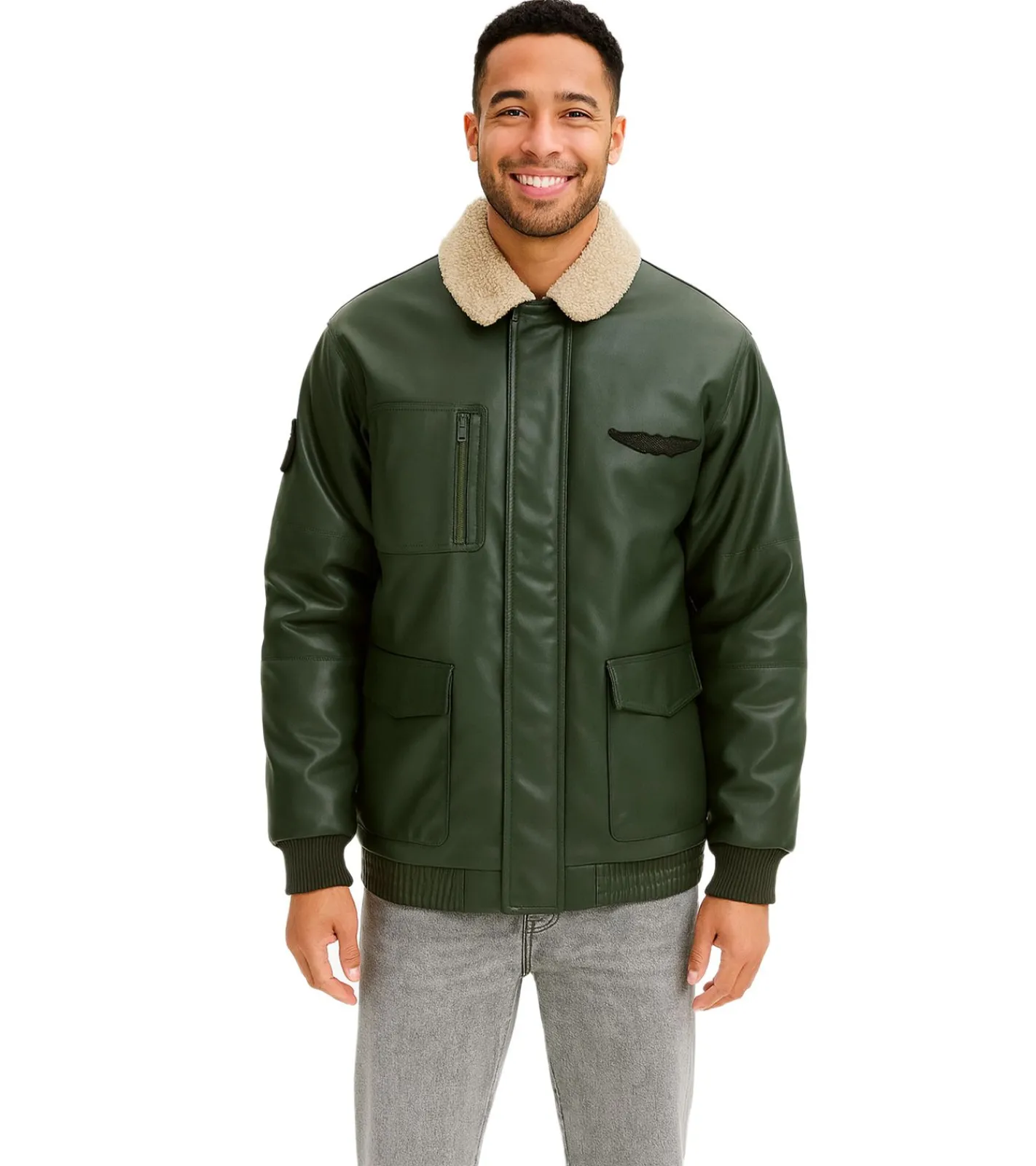 Jacken & Mäntel*O46bpx Herren Piloten-Jacke aus Lederimitat stylische Outdoor-Jacke mit Teddykragen 934067 Olivgrün