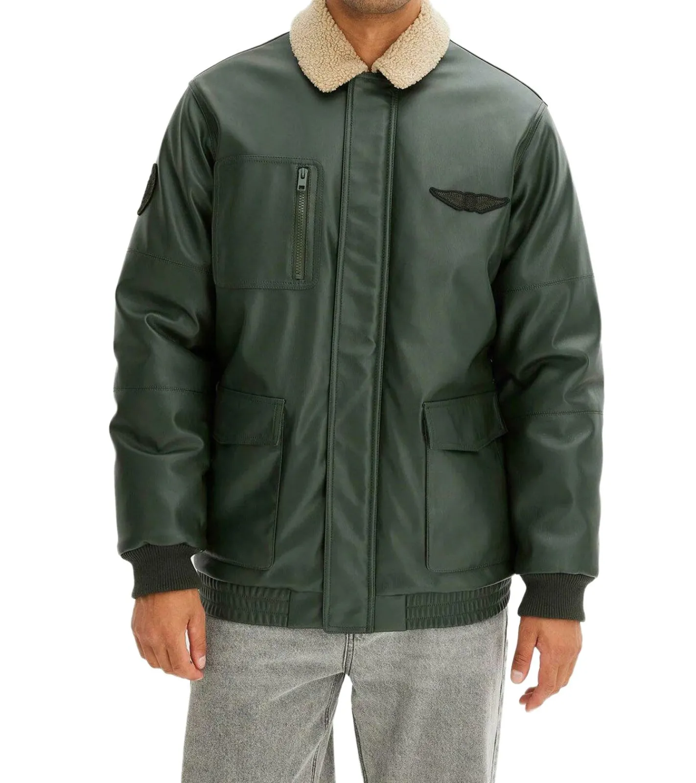Jacken & Mäntel*O46bpx Herren Piloten-Jacke aus Lederimitat stylische Outdoor-Jacke mit Teddykragen 934067 Olivgrün