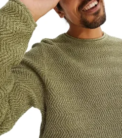 Pullover & Sweater*O46bpx Herren Strick-Pullover mit Struktur-Muster nachhaltiger Rundhals-Sweater meliert Große Größen 978714 Oliv-Grün