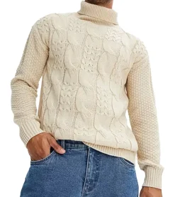 Große Größen|Pullover & Sweater*O46bpx Herren Strick-Pullover Rollkragen-Pullover mit Zopfstrick-Muster Winter-Pulli Große Größen 938114 Beige