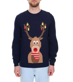 Pullover & Sweater*O46bpx Herren Strick-Sweater mit Weihnachts-Muster Langarm-Pullover Freizeit-Sweater 939615 Dunkel-Blau