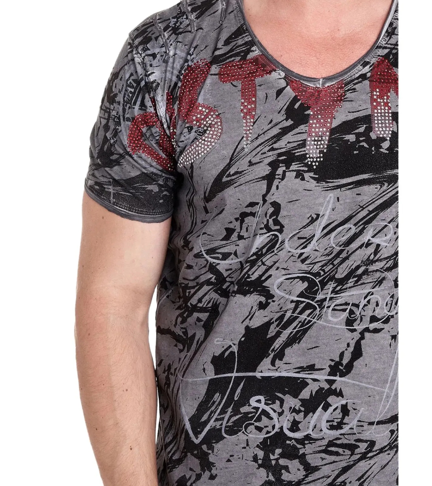 T-Shirts & Tank Tops*O46rn Herren T-Shirt mit aufwendigem Strass-Design Baumwoll-Shirt Rundhals-Shirt R-15162 Anthrazit