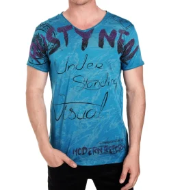 T-Shirts & Tank Tops*O46rn Herren T-Shirt mit aufwendigem Strass-Design Baumwoll-Shirt Rundhals-Shirt R-15162 Petrolblau