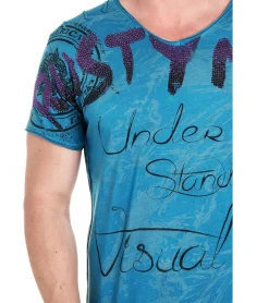 T-Shirts & Tank Tops*O46rn Herren T-Shirt mit aufwendigem Strass-Design Baumwoll-Shirt Rundhals-Shirt R-15162 Petrolblau