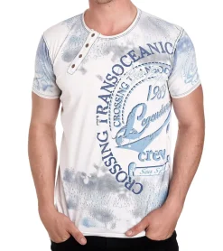 T-Shirts & Tank Tops*O46rn Herren T-Shirt mit großem Front-Print Baumwoll-Shirt Rundhals-Shirt Kurzarm-Shirt R-15045 Weiß/Blau