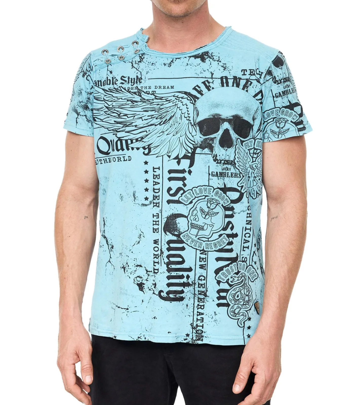 T-Shirts & Tank Tops*O46rn Herren T-Shirt mit plakativem Frontprint Baumwoll-Shirt Rundhals-Shirt R-15296 Blau