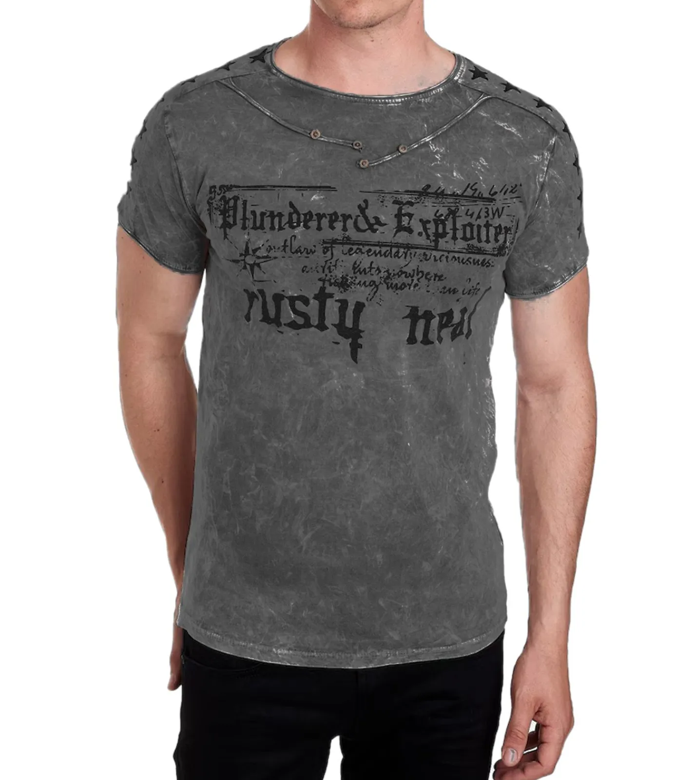 T-Shirts & Tank Tops*O46rn Herren T-Shirt mit Plunderer & Exploiter Print Baumwoll-Shirt Rundhals-Shirt R-15192 Dunkelgrau
