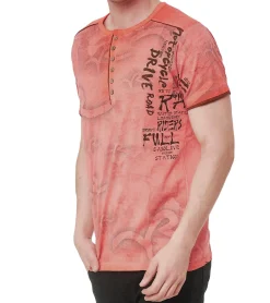 T-Shirts & Tank Tops*O46rn Herren T-Shirt mit Urban-Print Baumwoll-Oberteil Sommer-Rundhals-Shirt mit Knopfleiste S-15246 Orange