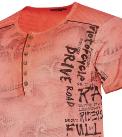 T-Shirts & Tank Tops*O46rn Herren T-Shirt mit Urban-Print Baumwoll-Oberteil Sommer-Rundhals-Shirt mit Knopfleiste S-15246 Orange