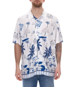 Hemden & Poloshirts*O46bpx Herren Viskose-Hemd Kurzarm-Hemd mit Blumen-Print Sommer-Hemd Urlaubs-Shirt 927967 Weiß/Blau