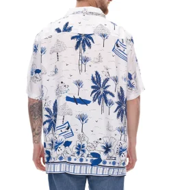 Hemden & Poloshirts*O46bpx Herren Viskose-Hemd Kurzarm-Hemd mit Blumen-Print Sommer-Hemd Urlaubs-Shirt 927967 Weiß/Blau