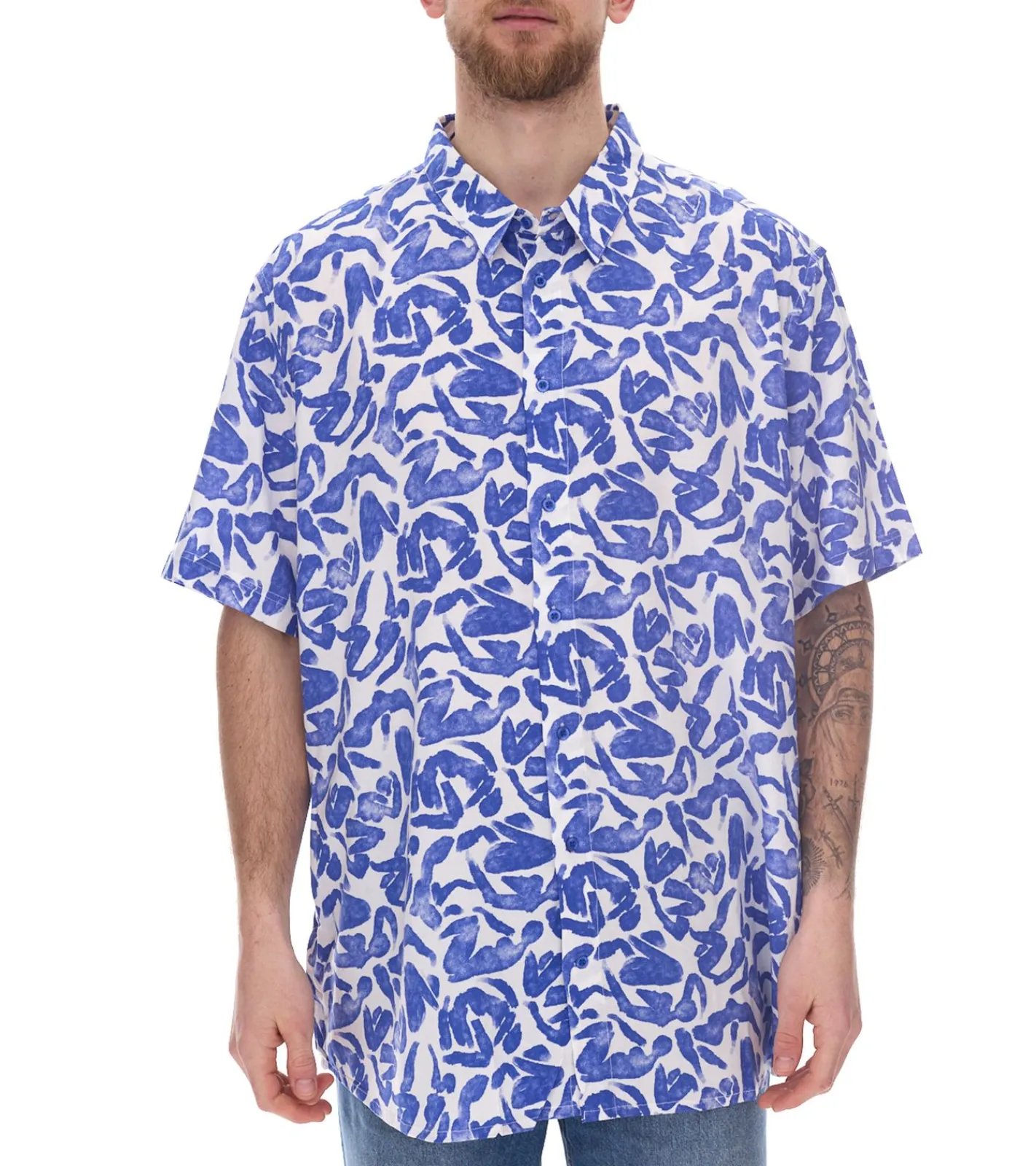 Hemden & Poloshirts*O46bpx Herren Viskose-Hemd Kurzarm-Hemd mit Blumen-Print Sommer-Hemd Urlaubs-Shirt 945910 Weiß/Blau