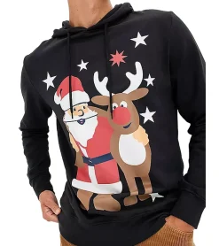 Große Größen|Pullover & Sweater*O46bpx Herren Weihnachts-Hoodie Baumwoll-Pullover Kapuzen-Pullover mit Santa Motiv Sweat-Pullover Langarm-Shirt Große Größen 956890 Schwarz