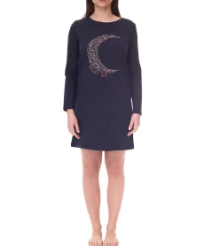 Bademode & Nachtwäsche*iris & lilly Damen Nachthemd langärmeliger Jersey-Pyjama mit Mond-Print NS2502 - B07QP1JKL5C Navy