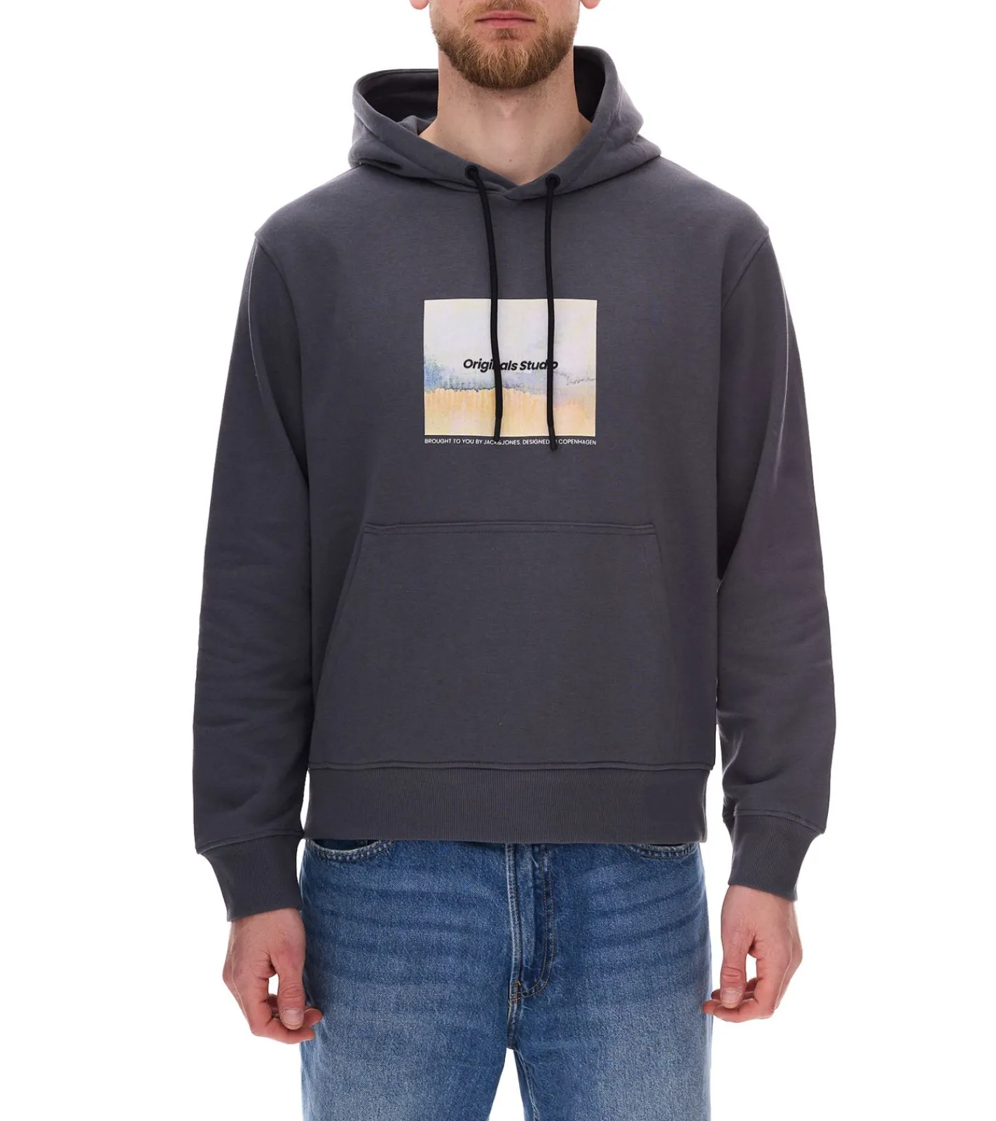Pullover & Sweater*Jack & Jones Esterbro Newton Herren Kapuzen-Pullover Baumwoll-Pullover mit Originals Studio Print 12266801 Grau, Schwarz oder Beige