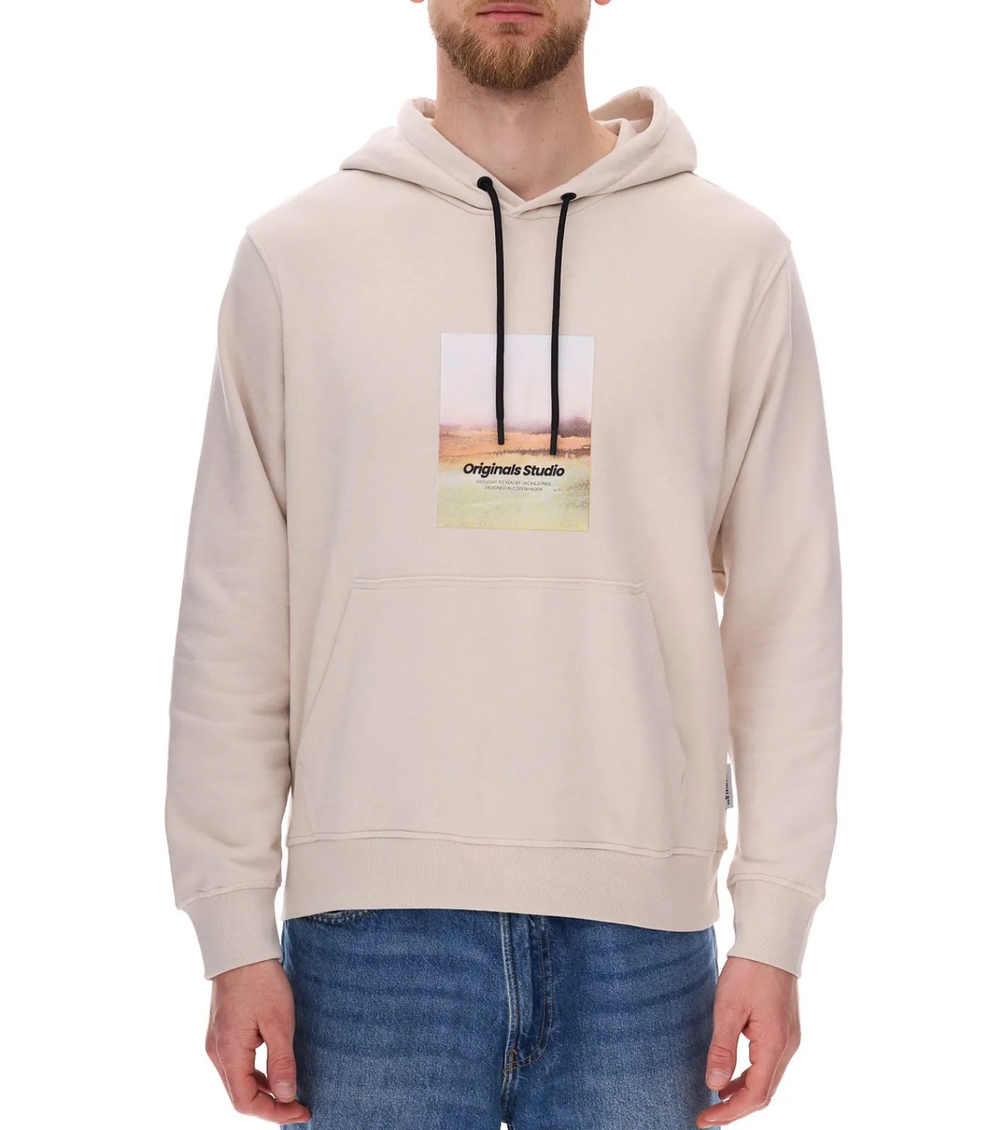 Pullover & Sweater*Jack & Jones Esterbro Newton Herren Kapuzen-Pullover Baumwoll-Pullover mit Originals Studio Print 12266801 Grau, Schwarz oder Beige