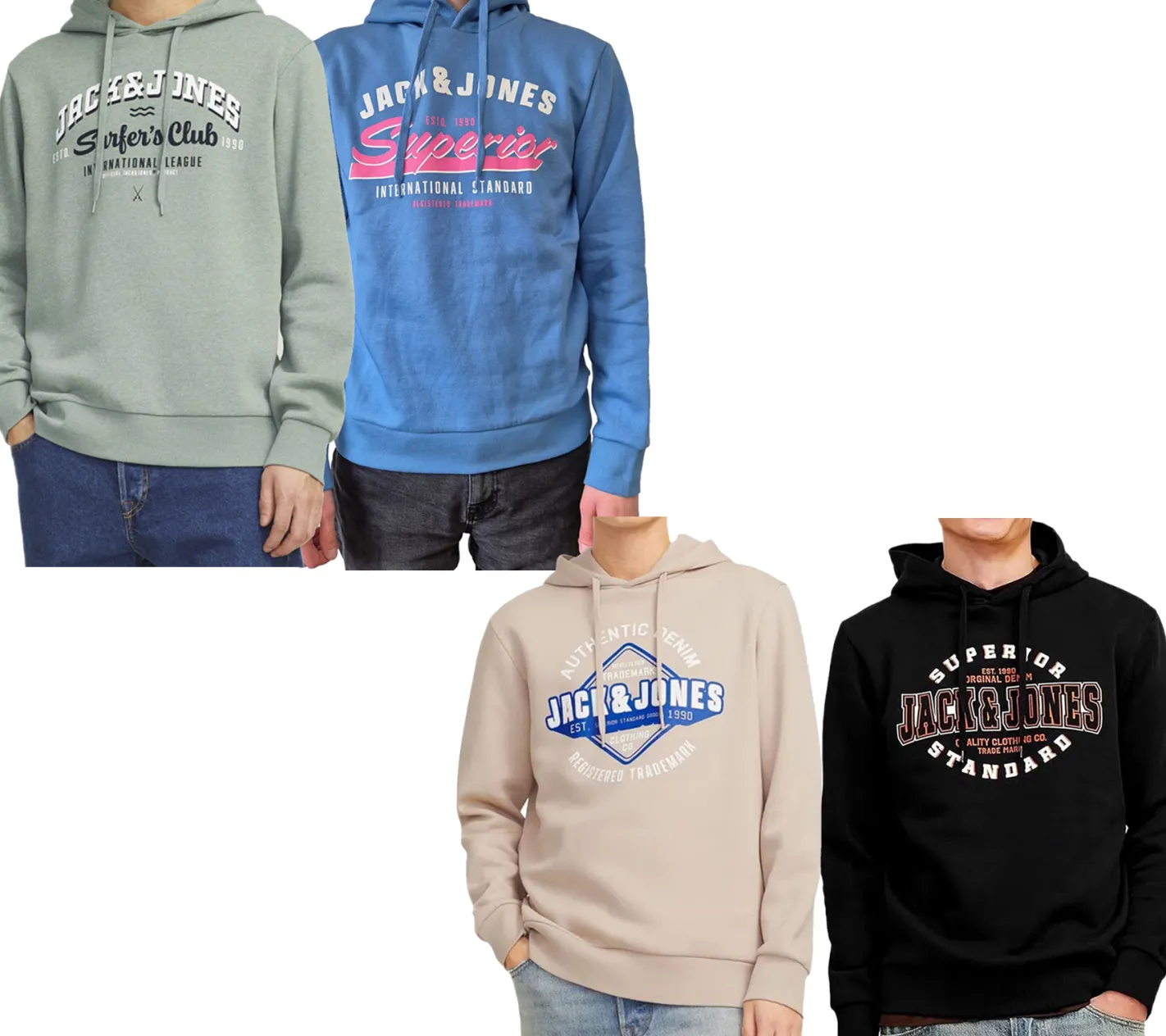 Pullover & Sweater*Jack & Jones Herren Kapuzen-Pullover Baumwoll-Pullover mit Schriftzug Langarm-Shirt 12255617 Beige, , Lindgrün oder Schwarz Hellblau